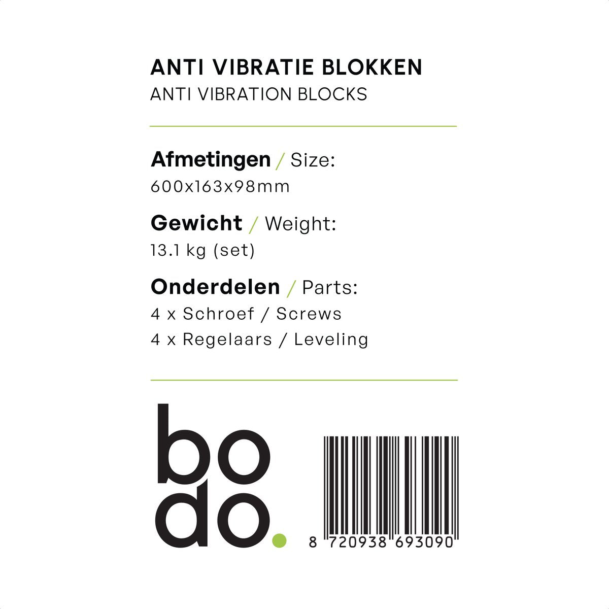 Bodo® - Rubberen Montage Balk 600mm - Ventilatie- en airconditioningaccessoire - Trilling dempend Rubber - Montage blok - Set - Airco - Inclusief Inlegmoeren & levelaars