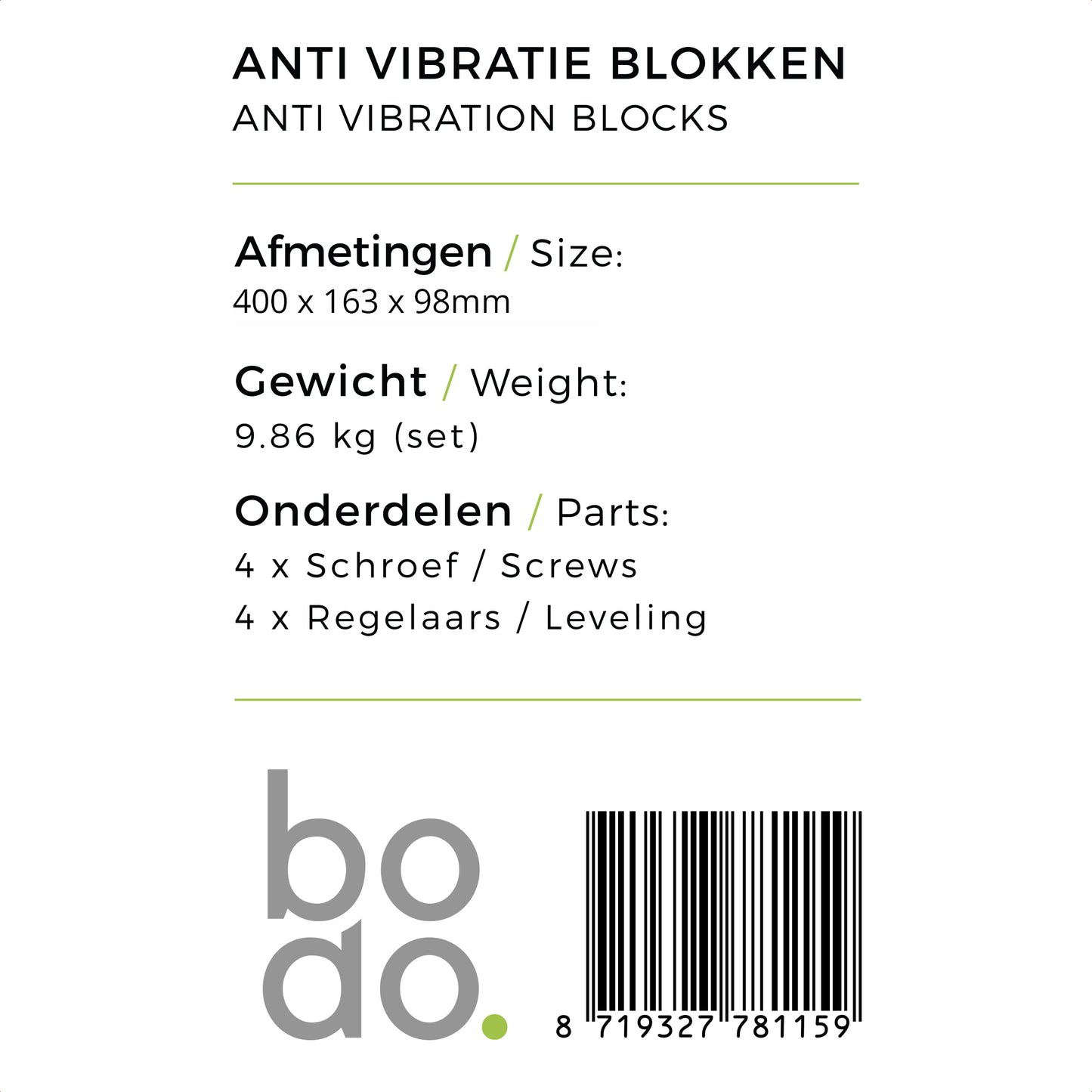 Bodo® - Rubberen Montage Balk 400mm - Ventilatie- en airconditioningaccessoire - Trilling dempend Rubber - Montage blok - Set - Airco - Inclusief Inlegmoeren & levelaars