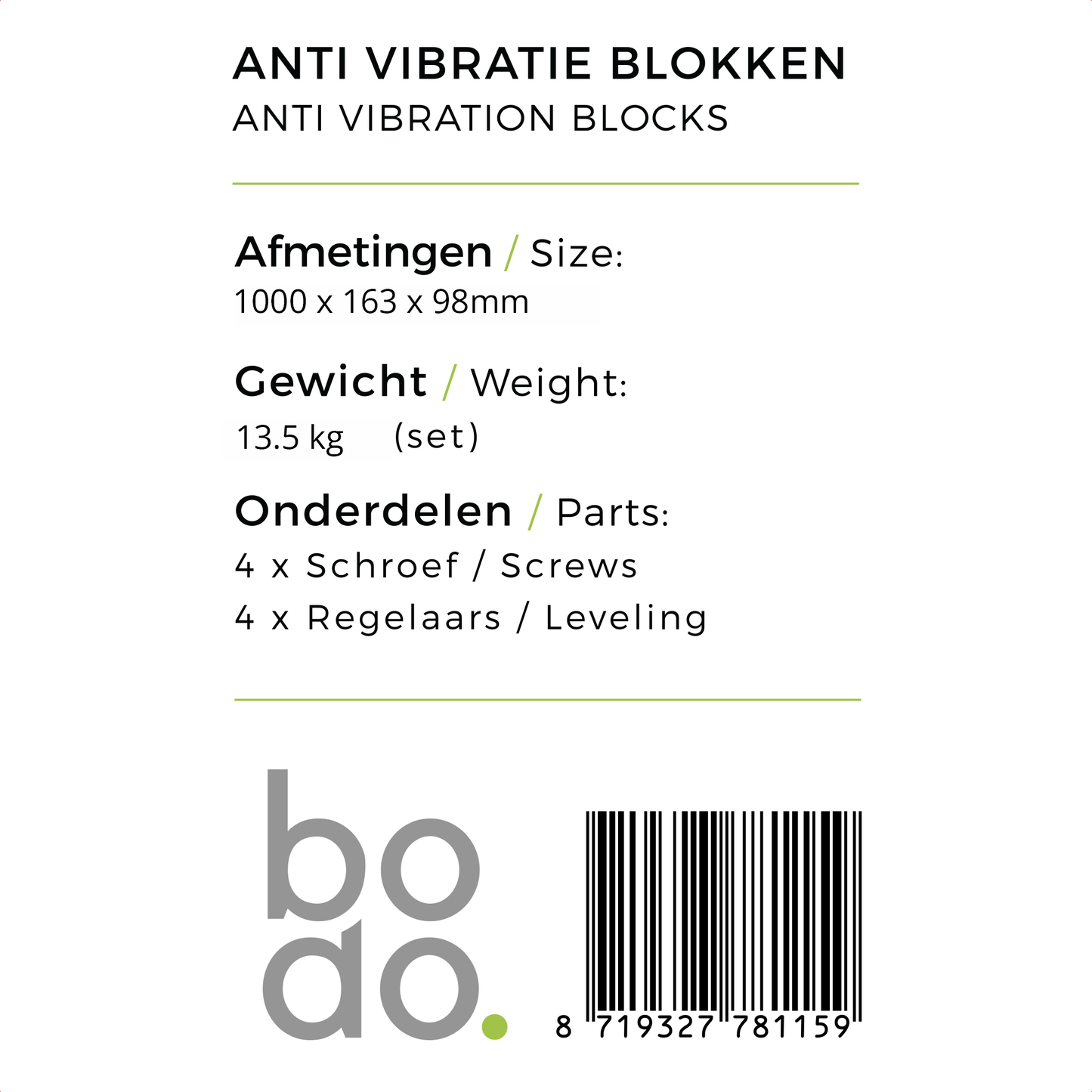 Bodo® - Rubberen Montage Balk 1000mm - Ventilatie- en airconditioningaccessoire - Trilling dempend Rubber - Montage blok - Set - Airco - Inclusief Inlegmoeren & levelaars